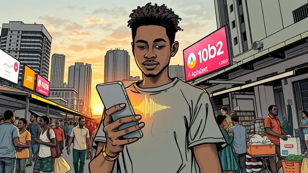Editorial ink sketch: A young African developer standing in a vibrant, bustling open-air market in Lagos, holding a modern smartphone that projects a glowing gold audio waveform representing voice AI. In the background, modern architectural high-rises blend into the skyline, featuring large, subtle digital billboard displays showing rising financial stock charts and a faint, glowing Alphabet logo. The scene is bathed in the warm, dramatic light of a late afternoon sunset. No text, no logos, cinematic composition.