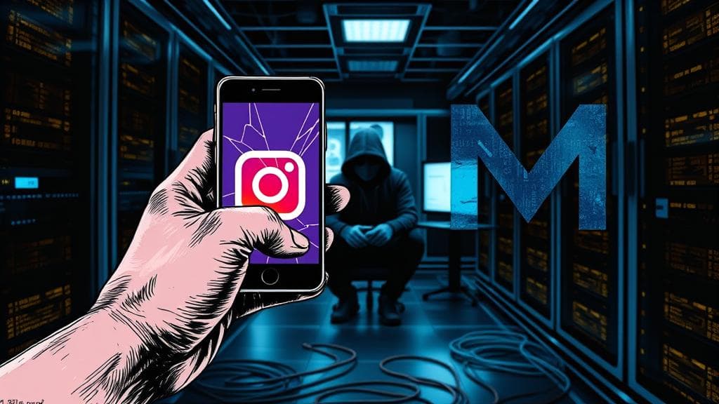 Editorial ink sketch: A human hand holding a smartphone displaying the Instagram logo, with the screen cracked and digital code lines spilling out, representing a security breach. In the background, a silhouette of a hacker with a hood is visible, sitting in front of multiple glowing screens. Overlaid subtly, the Meta "M" logo is fractured, hinting at the system failure. The scene takes place in a dimly lit, futuristic server room with data cables snaking across the floor. The overall mood is urgent and cautionary. dark background, electric blue and gold accent lighting, no text, no logos, cinematic composition.