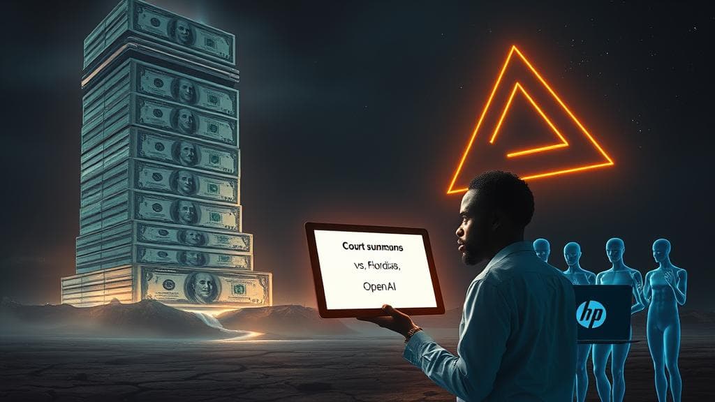 Cinematic digital painting: At the center, a towering stack of US dollar bills with a faint Alphabet logo watermark, being poured into a massive, glowing data center structure that is visibly struggling for water, with cracked earth around its base. In the foreground, an African developer figure, looking concerned, holds a holographic tablet displaying a court summons with "Florida vs. OpenAI" text. Around the developer, ghostly AI agent figures emerge from laptops bearing Microsoft, Dell, and HP logos, reaching out. In the background, a stylised Anthropic logo ascends towards a starry sky, representing its IPO. Urgent mood. dark background, electric blue and gold accent lighting, no text, no logos, cinematic composition