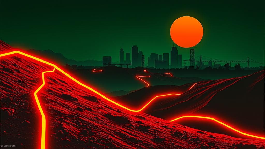 Bold risograph print: A thick, glowing orange fibre optic cable slicing through rich, red Kenyan soil, winding its way toward a minimalist, geometric representation of the Nairobi skyline in the background. The cable pulses with bright amber light, casting sharp shadows on the earth. Deep forest green and neon amber as dominant accent colours. High contrast, analytical and urgent mood, dramatic dusk lighting. No text, no logos, cinematic composition.