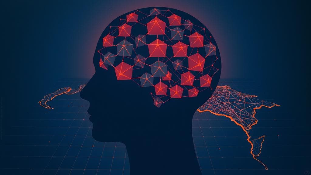 Bold risograph print: A giant, stylized human head silhouette filled with glowing, interconnected geometric memory blocks shaped like traditional West African patterns. The memory blocks are dropping into place like a puzzle, with glowing neural pathways radiating outward across an abstract map grid of the West African coastline. Dominant colors: Deep indigo and warm terracotta orange. High-contrast split lighting, analytical and forward-looking mood. No text, no logos, cinematic composition.