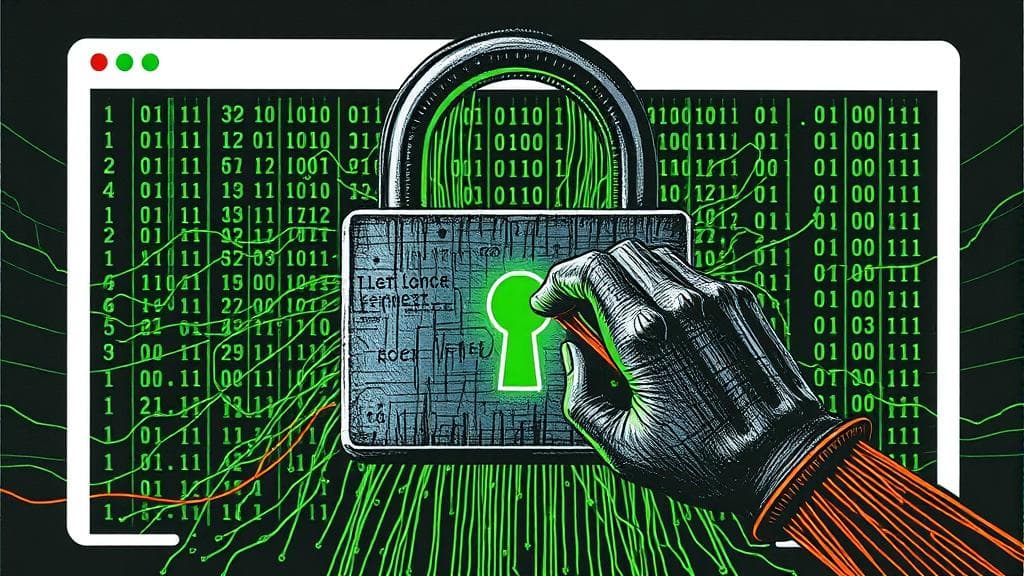 Bold risograph print: A massive, heavy iron padlock with a glowing electric green keyhole is clamped shut over a stylized web browser window. Streams of chaotic, glowing green binary code are pouring toward the lock, clogging the keyhole, while a human hand made of clean copper wire outlines attempts to insert a physical key. Deep charcoal background with high-contrast electric green and copper-orange as dominant accent colours. Analytical, tense, and urgent mood. No text, no logos, cinematic composition.