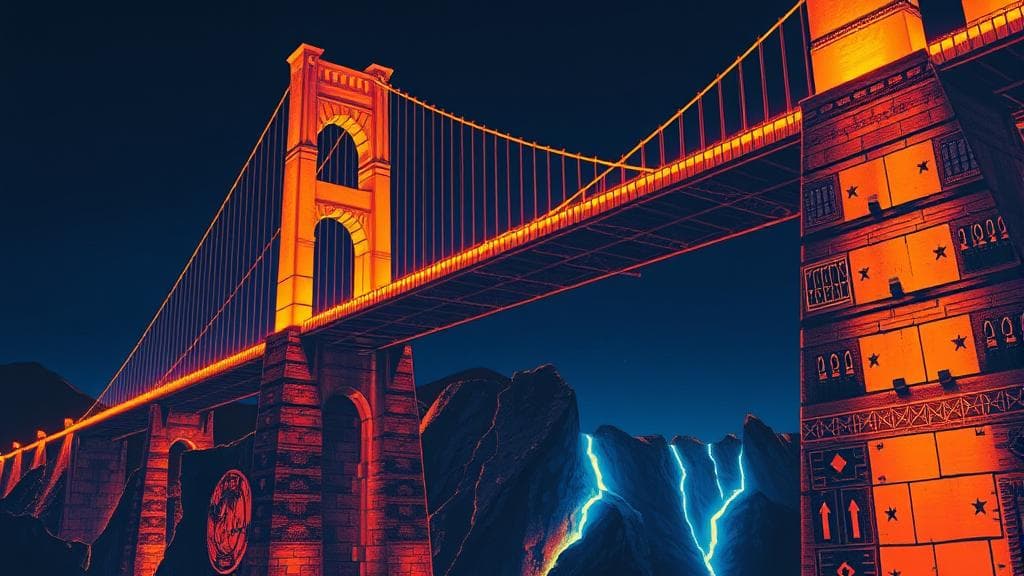 Bold risograph print: A massive suspension bridge built from glowing, unstable orange blocks that are rapidly assembling. Below, the stone pillars of the bridge, decorated with stylized West African geometric patterns, are cracking under the weight, with glowing blue data leaking from the fissures. High contrast deep indigo and burning orange color palette. Dramatic night lighting, tense and analytical mood. No text, no logos, cinematic composition.