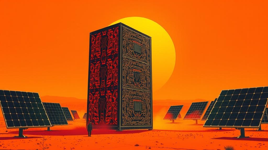 Bold risograph print: A massive, monolithic server rack standing in the middle of a sun-drenched Sahelian landscape, its sides covered in intricate, glowing neural network patterns that mimic traditional West African geometric designs. Giant, stylized solar panels extend from its base like wings, capturing the intense orange sun. High contrast, dominant colors of deep terracotta red and electric green. Analytical, urgent mood. No text, no logos, cinematic composition.