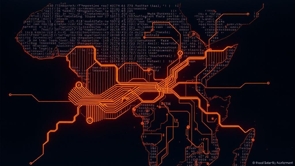Bold risograph print: A glowing terminal command-line interface with lines of code transforming into physical golden pipelines carrying data packets across a stylized, abstract map of the West African coastline. High contrast deep indigo and electric orange. Analytical, forward-looking mood. Dramatic night lighting. No text, no logos, cinematic composition.