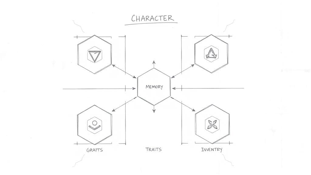 A serious pencil sketch illustrating a structured character blueprint, showing six interconnected geometric compartments containing symbolic representations of memory, goals, traits, and inventory. Analytical style, clean technical lines, architectural drawing. No text, no logos.