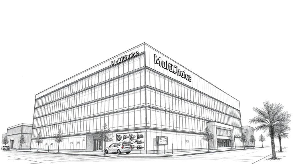 A detailed pencil sketch of the modern MultiChoice corporate headquarters building in Randburg, Johannesburg, under a heavy, overcast sky. The drawing should focus on the architectural angles of the building's exterior, with dramatic shadows and fine cross-hatching to convey a serious and analytical editorial tone. No text, no logos.