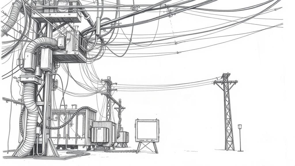 A detailed pencil sketch of a heavy industrial electrical grid with broken, dangling wires and a single glowing, isolated circuit board in the foreground. No text, no logos.