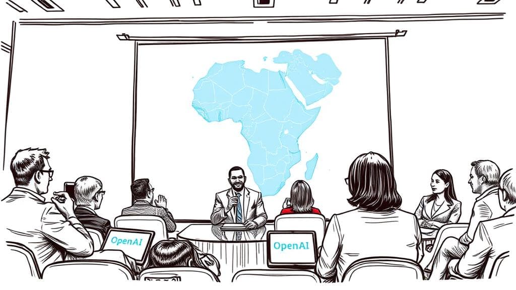 Editorial ink sketch: A high-stakes international tech summit panel discussing global policy. Stylized figures resembling Sam Altman and a diverse group of African tech policy experts sit on a stage. In the background, a large projection screen subtly displays the outline of the African continent illuminated with electric blue neural pathways. Small, faint, glowing OpenAI and HuggingFace logos are visible on the tablet devices sitting on the stage tables. Bright daytime conference hall lighting, analytical mood, no text, no logos, cinematic composition.