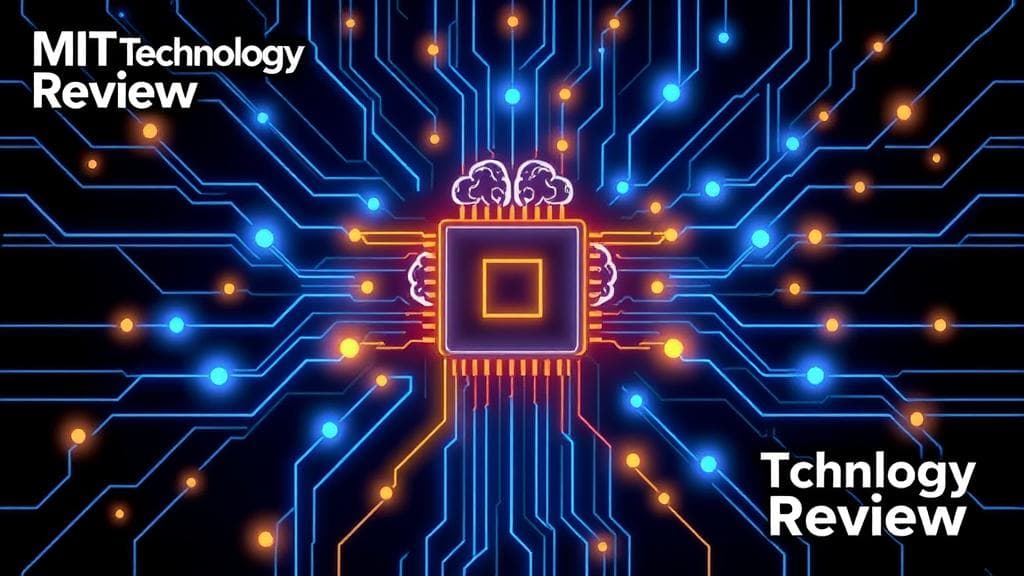 A clean tech illustration with a dark background, featuring electric blue and gold glowing circuits. In the center, a stylized brain-computer interface chip is illuminated. The distinctive MIT Technology Review brand identity and minimalist logo style are subtly integrated into the sleek, modern design. No text, high-tech aesthetic.