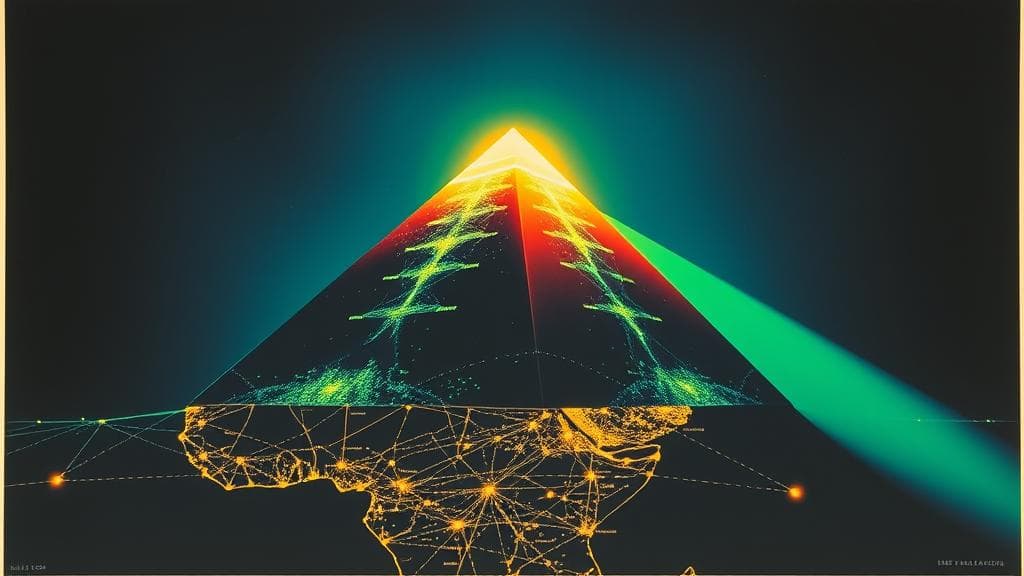 Bold risograph print: A massive, glowing multi-tiered glass pyramid representing tiered subscription plans, with the highest tier shining brilliantly, casting a long shadow across a stylized map of West Africa's glowing fiber-optic network. Deep indigo and neon green as dominant accent colors. Tense, analytical, and high-contrast mood. No text, no logos, cinematic composition.