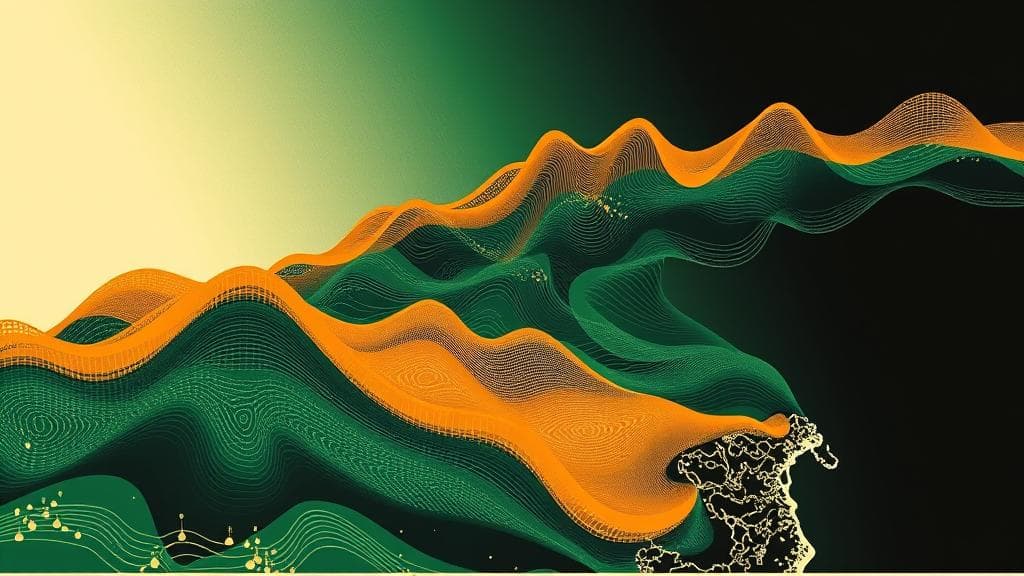 Bold risograph print: Abstract soundwaves morphing into the physical topography of the West African coastline. High contrast, using Nigerian green and warm copper-gold as the dominant accent colours. A sense of voice energy transforming into digital infrastructure. Analytical, forward-looking mood, dramatic high-contrast lighting. No text, no logos, cinematic composition.