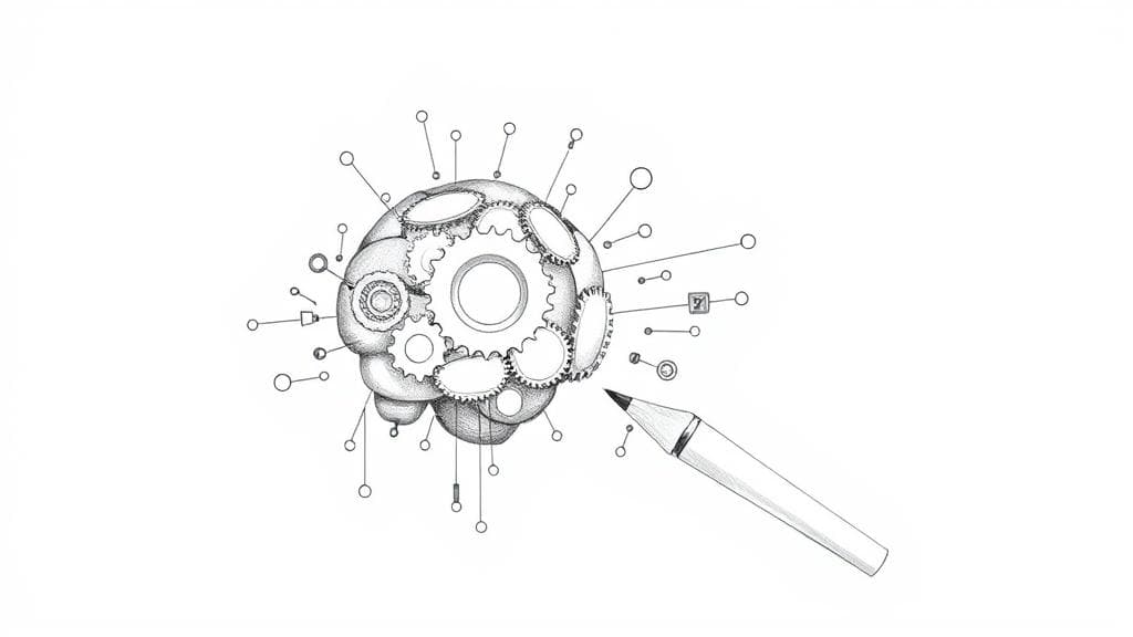 Pencil sketch illustrating the synergy between human intellect and AI tools in technical communication and engineering, perhaps showing abstract gears or circuits interacting with a stylized pen or brain, emphasizing creation and understanding. No text, no logos.